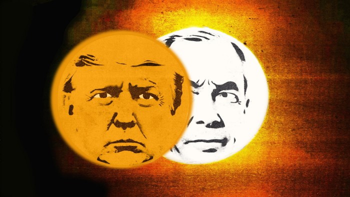 Ellie Foreman-Peck illustration of Trump as the Sun obscuring an angry Farage Moon