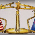 James Ferguson illustration of scales broken under the weight of heavyweight tariffs with the US flag on one side and the EU flag on the other