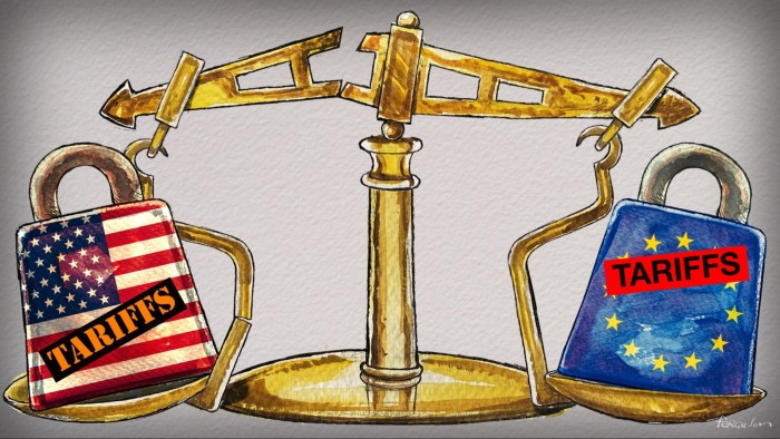 James Ferguson illustration of scales broken under the weight of heavyweight tariffs with the US flag on one side and the EU flag on the other