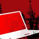 graphic depiction of open laptop overlaying Red Square in Moscow