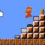 Pixel art of mario jumping on gaming consoles to get a coin.