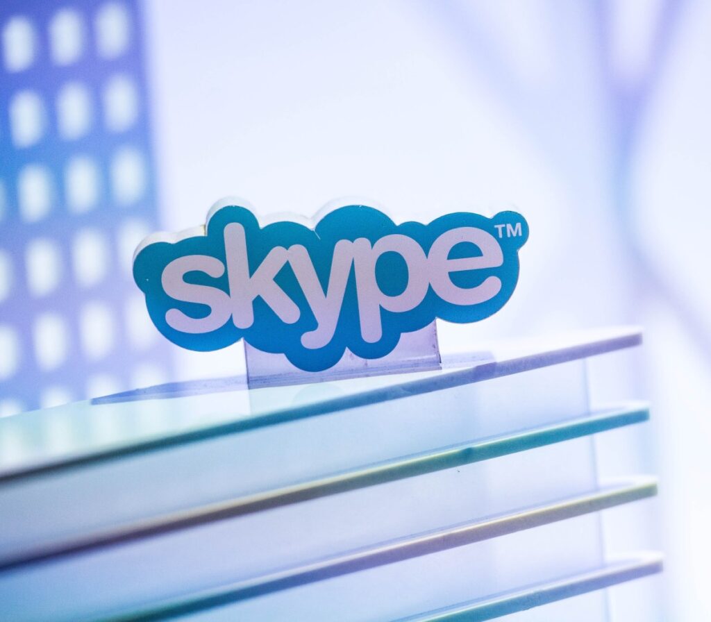 a skype logo on a plinth at Mobile World Congress in 2015.